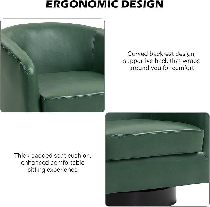 Swivel Barrel Accent Chair, Modern Round Faux Leather Arm Chair for Living Room, Bedroom, Comfy Club Reading Chairs for Adults(Faux Leather, Green, Set of 2)