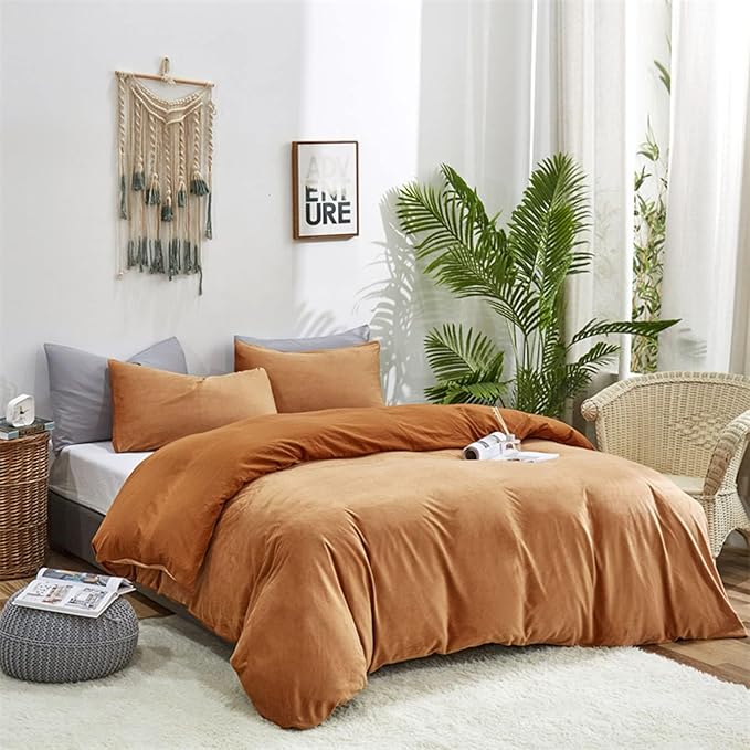 Luxlovery Pumpkin Velvet Comforter Set Twin Rust Flannel Plush Fluffy Bedding Comforter Set Terracotta Solid Color Sherpa Micromink Blanket Quilts 3 Piece Rust Brown Flannel Warm Bedding Set