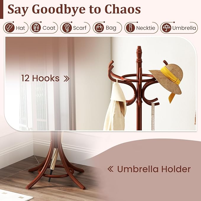 Tangkula Coat Rack with Umbrella Holder, 73 Inch Freestanding Coat Hanger Stand with 12 Hooks, Wooden Entryway Coat Tree for Clothes, Bags, Hats, Scarves, Living Room, Bedroom, Hallway (Reddish Brown)