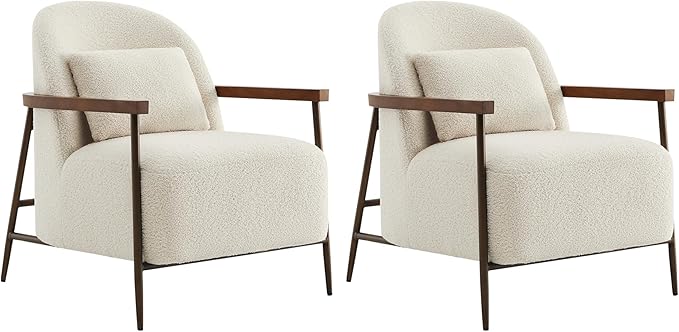 CHITA Accent Chair for Living Room Set of 2, FSC Certified Modern Upholstered Faux Sherpa Fabric Armchair with Metal Frame and Wooden Armrests, Ivory