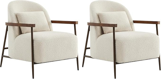 CHITA Accent Chair for Living Room Set of 2, FSC Certified Modern Upholstered Faux Sherpa Fabric Armchair with Metal Frame and Wooden Armrests, Ivory