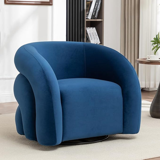 34.6" Velvet Swivel Accent Chair, Modern Round Armchair for Living Room,Upholstered Comfy Sofa Barrel Chairs for Bedroom Reading Apartment Lounge,Fully Assembled(Navy Blue)