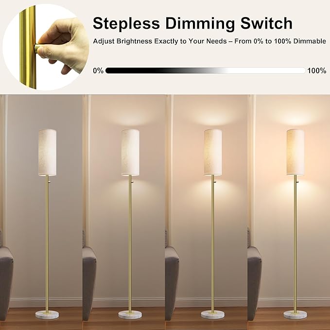 Dimmable Gold Floor Lamp for Living Room,Modern Standing Lamp with Marble Base,LED Bulb Included,Floor Lamps for Bedroom, Living Room,Office,Reading and Nursery(Gold Floor Lamp)