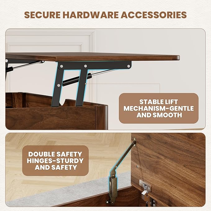 VOPEAK Lift Top Coffee Table with Storage, Large Square Coffee Table with Thickened Cushion, Family Gathering Center Table, Modern Wooden Coffee Tables for Living Room, Solid Wood Legs, Walnut