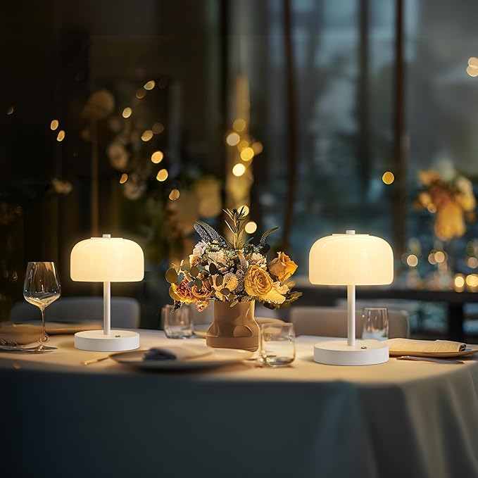 Oneach Portable Cordless Table Lamp, Rechargeable Battery Powered Lamp with Opal Glass Shade, 3-Way Dimmable LED Touch Mushroom Table Lamps for Bedroom, Bedside, Living Room, Dining Room, Patio, White