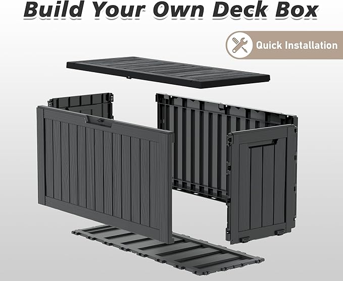 75 Gallon Outdoor Storage Box, Waterproof Resin Deck Box with Lockable Lid, Patio Furniture Side Table & Storage Bin for Package Delivery, Patio Cushions, Garden Tools, Pool Accessories, Black