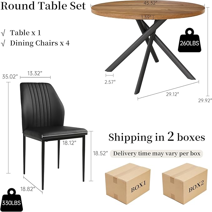 45.3'' Walnut Round Dining Table Set for 4, Mid Century Modern Small Coffee Set for Dining Room Kitchen Apartment (Light Walnut + 4 Black Chairs)