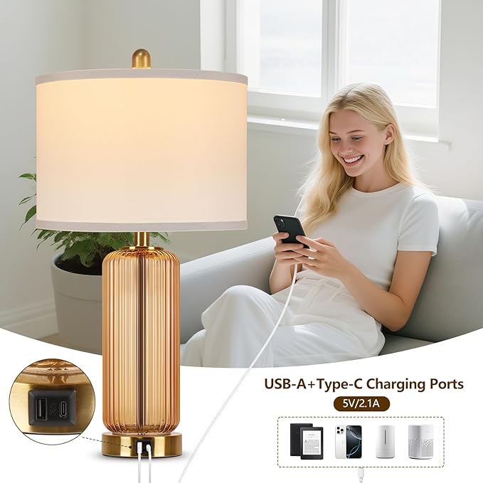 Table Lamps Set of 2 with Touch Control, 3-Way Dimmable Nightstand Lamp with Vertical Grained Glass, Bedside Table Lamps, 27" Modern Glass Bedside Lamps with USB A+C Ports, Brown Desk Lamp for Bedroom