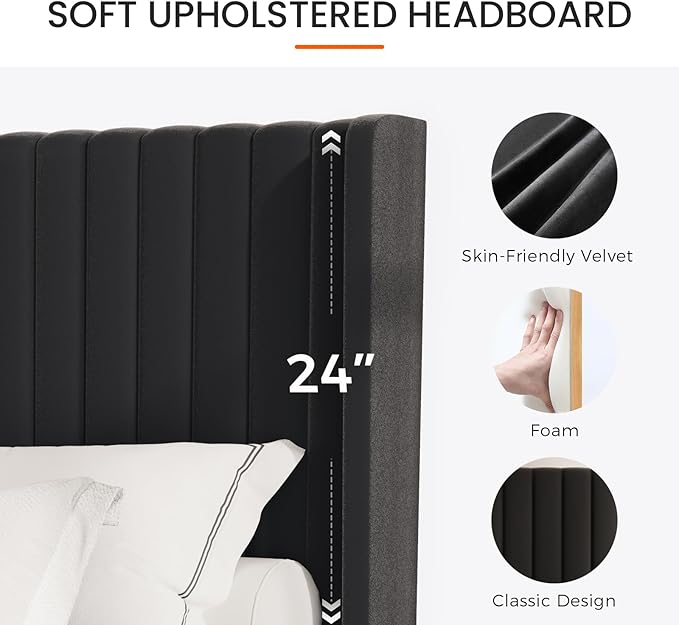Casaottima Queen Bed Frame Upholstered Platform Bed with Wingback Headboard, Wooden Slats Support, Noise-Free Mattress Foundation, No Box Spring Needed, Easy Assembly, Vertical Stripe Deep Black