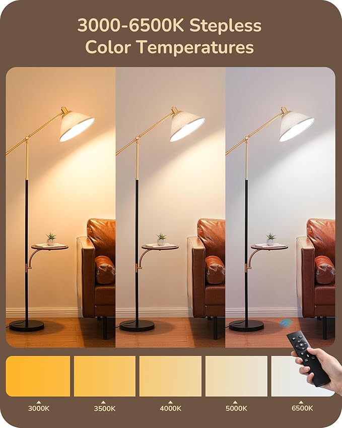 EDISHINE 68" Arc Floor Lamp with Table, Vintage Standing Lamp for Living Room with Tray, Height Adjustable, 5 Color Temperatures LED Bulb Included, Beige Shade, for Bedroom Office, Wood Grain