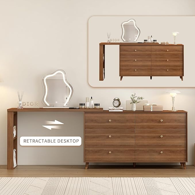 Vanity Desk with Mirror and Lights for Bedroom Furniture, Makeup Table and Chair Stool Set for Girls' Vanities,Dressing Table with A 6-Drawer Dresser and 3 Color Lighting Modes