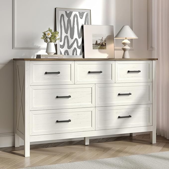 Farmhouse 7 Drawers Dresser for Bedroom, Modern Dresser with Metal Handle, Natural Texture, Wood Rustic Chest of Drawers for Bedroom,Living Room,Hallway and Entryway, Antique White