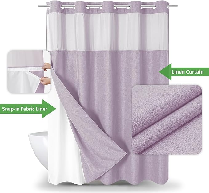 Extra Long No Hooks Needed Linen Textured Shower Curtain with Snap-in Fabric Liner Set,White Hotel Luxury Decor Shower Curtains for Bathroom,Waterproof & Washable,71Wx86H,Lavender
