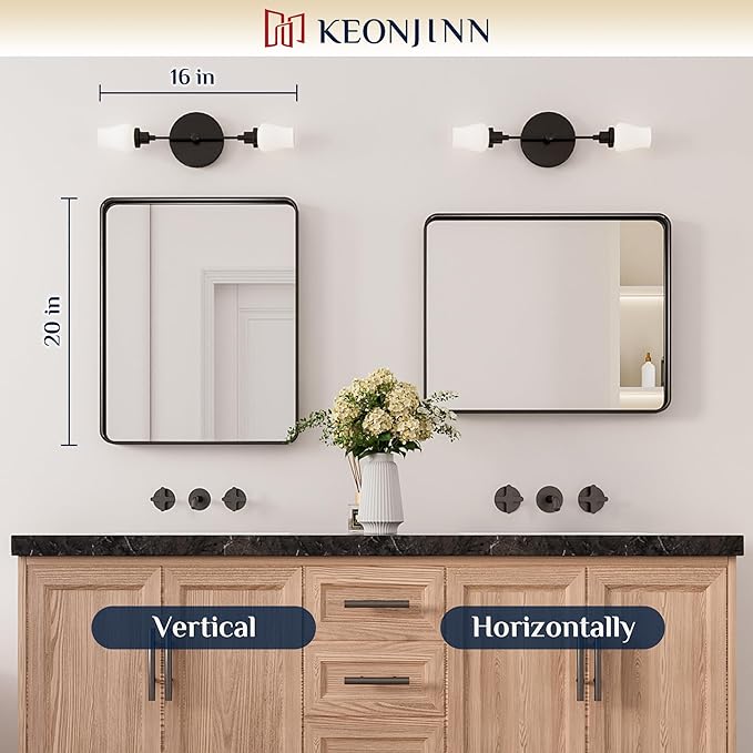 Keonjinn Black Bathroom Mirror for Over Sink, 16 x 20 Inch Rounded Rectangle Bathroom Vanity Mirror, Matte Black Farmhouse Mirror for Wall, HD Tempered Glass, Seamless Aluminum Alloy Frame Mirror