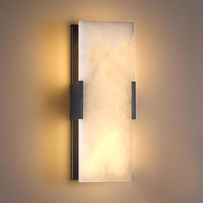 2 Light Natural Square Alabaster Marble Bathroom 15 Inch Wall Sconce Modern Concise Style Wall Light Fixtures,Dark Gray Finish for Bedroom Hallway Bedside Living Room
