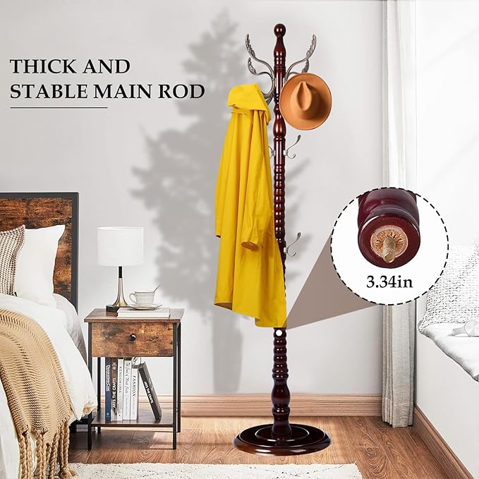 Wood Coat Rack Freestanding, Natural Coats Tree Stand with 14 Metal Hooks, 73" Sturdy and Easy Assembly Coat Rack Stand for Entryway, Hallway, Bedroom, Bags, Hats (Heavy-duty Disc Base, Metal Hook)