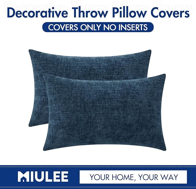 MIULEE Pack of 2 Blue Throw Pillow Covers 12x20 Inch Soft Chenille Pillow Covers for Sofa Living Room Couch Solid Dyed Cases