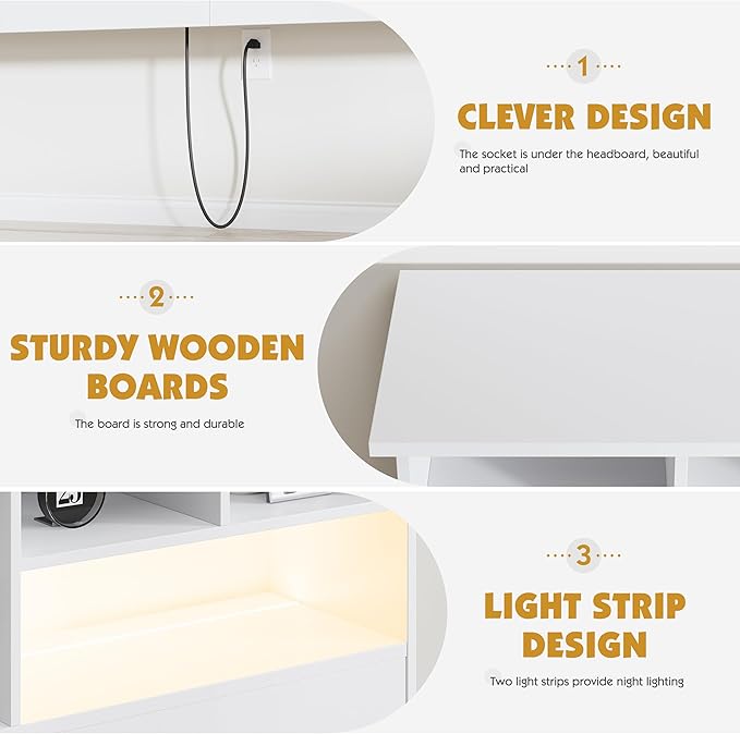 Queen/Full Size Headboard Only for Bedroom, Wood Bookcase Headboard with Charging Station & 2 LED Lights, Stylish Headboards for Queen Size Bed, Noise-Free HeadBoard with Storage, White