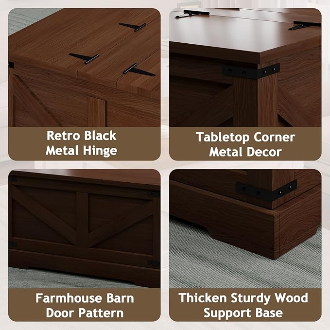 Farmhouse Coffee Table with Hidden Storage Compartment, Square Coffee Table for Living Room, Wood Center Table with Hinged Lifting Tabletop for Home, Rustic Brown
