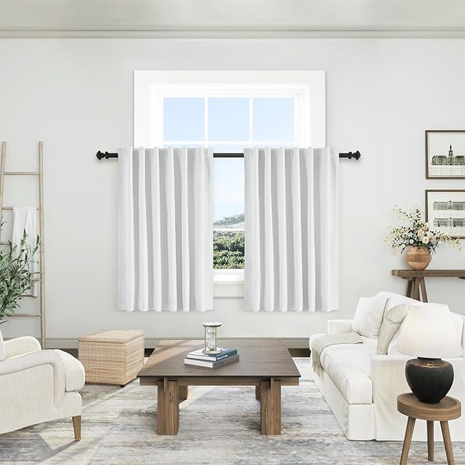 White Ivory Linen 100% Blackout Curtains 54 Inches Long 2 Panels Set for Kitchen Back Tab Thermal Insulated Black Out Linen Drapes Room Darkening Short Window Curtains 54 Inch Length