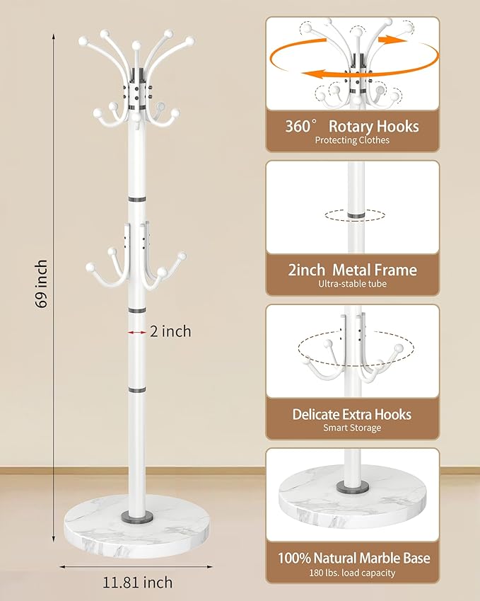 EZIVIEZ Modern Coat Rack Stand, Metal Freestanding Coat Rack with Natural Marble Base, Coat Racks with Umbrella Holder,Coat Hanger Stand with 12 Hooks for Office, Entryway (White-360° Rotary 14 Hooks)