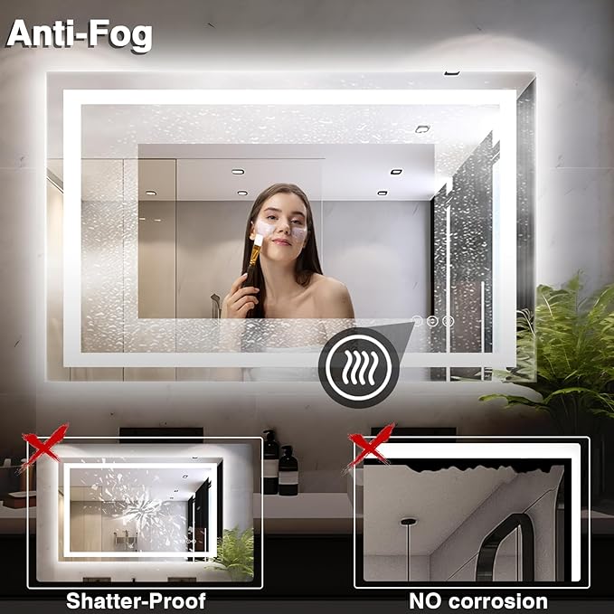 48"x32" LED Bathroom Mirrors for Wall, Front and Backlit Mirror, Anti-Fog Vanity Mirror with Lights, Stepless Dimmable Lighted Mirror, 3 Colors Smart Mirror (Horizontal/Vertical)