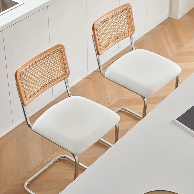 Natural Rattan Counter Height Stools Set of 2 with Solid Wood Back, 24 Inch Mid Century Modern Cesca Bar Stools, White Upholstery Boho Stool for Kitchen Counter with Chrome Metal Legs