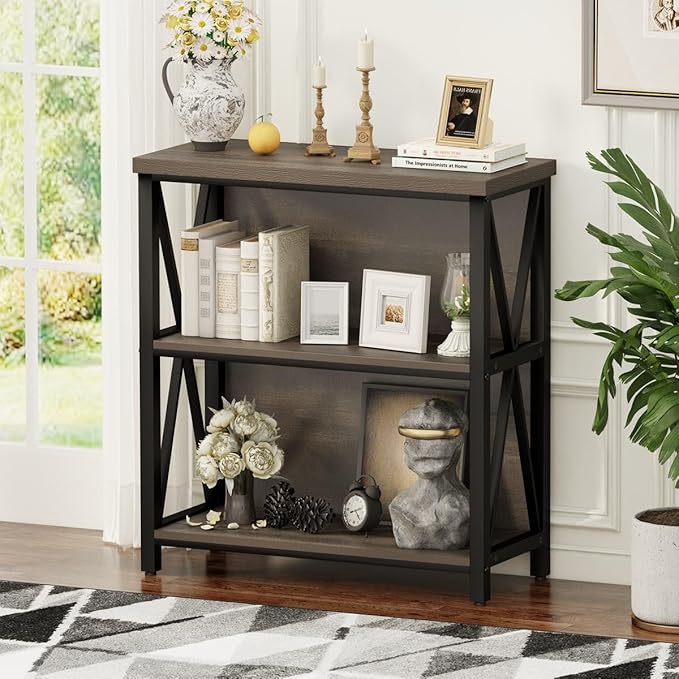 FATORRI Rustic Small 3 Shelf Bookshelf for Living Room, Industrial Low Wood Bookcase, Farmhouse Short Book Shelf for Small Space (Walnut Brown)