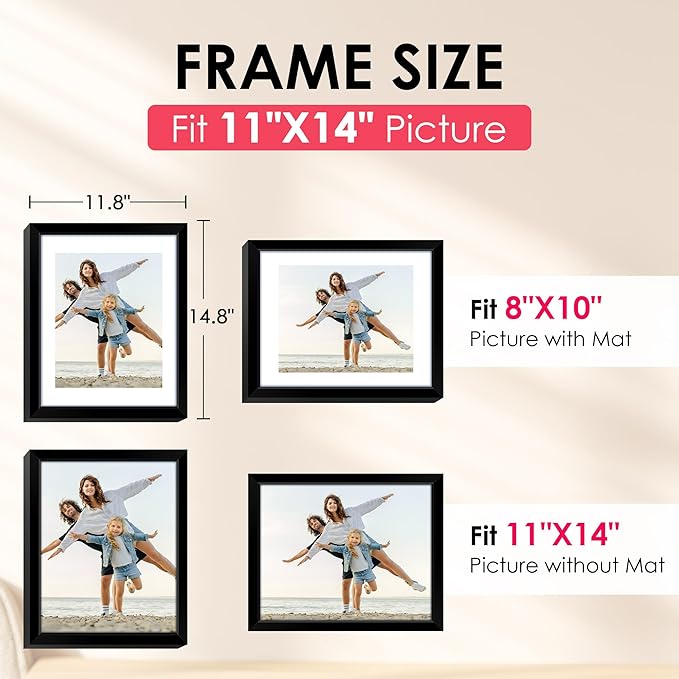 FIXSMITH 11x14 Picture Frame, Black Photo Frame with HD Plexiglass, Display Pictures 8x10 with Mat or 11x14 Without Mat, Picture Frames Collage for Wall Display, 2 Pack
