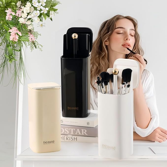 DASITON Makeup Brush Holder with Lid,4 Slots Makeup Brush Organizer,Automatic Lifting Makeup Cosmetics Organizer,for Vanity Decor,Bathroom Countertop,Dustproof Cosmetic Brushes Container(Cream)