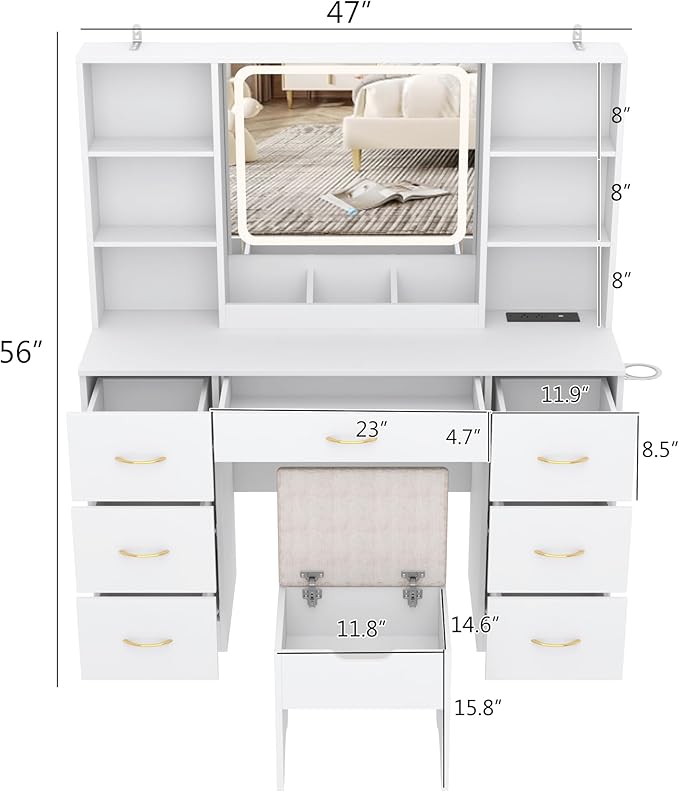 47 inch Large Vanity Desk w/ 7 Drawers,Cushion Stool,Outlet,6 Shelves,White Make up Vanity Table Set 3 Lighting Modes Brightness for Bedroom Dressing Room