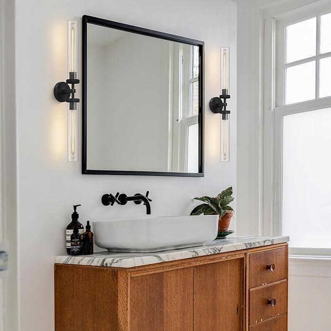 Modern 2-Light Black 30in Knurled Wall Sconces, Double Glass Sconces Wall Lighting, Bathroom Vanity Light Sconces, Wall Lights for Living Room Bedroom Hallway Kitchen Bathroom Mirror Includes bulbs