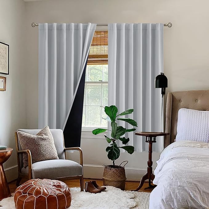 BGment Light Grey 100% Blackout Curtains 63 Inches Long with Reducing Noise Liner, Soundproof Curtains Rod Pocket Back Tab Room Darkening Window Curtain for Bedroom, 2 Panels, Each 52 x 63 Inch