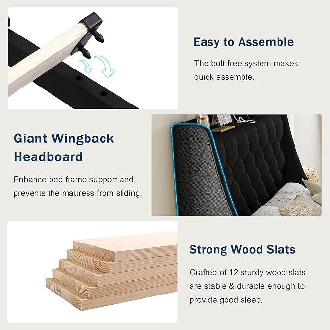 Twin Bed Frame with 4 Storage Drawers, Giant Upholstered Wingback Headboard, Fast Charging Station, No Box Spring Needed, Noise-Free, Black