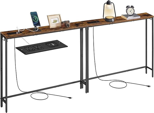 VASAGLE Set of 2 Console Tables with Power Outlets, Slim Behind Couch Sofa Tables, 5.9 x 39.4 x 31.5 Inches, 2 Hooks, Easy Assembly, for Entryway, Living Room, Rustic Brown and Ink Black ULNT078K01