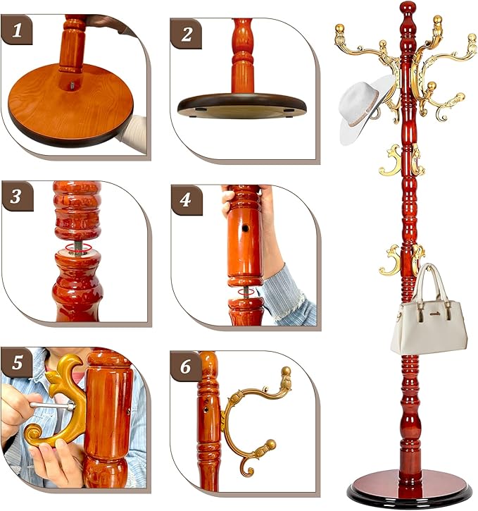 73”Vintage Wooden Coat Rack Freestanding，With 14 Hooks and Sturdy Round Base.Sturdy and Durable Standing Coat Racks，Adjustable Wooden Freestanding Coat Rack for Offices, Porch (Begonia color)