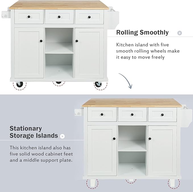 Kitchen Island Cart with Drop-Leaf Cabinet Door Internal Storage Rack 5 Wheels 3 Drawers for Kitchen, Dining Room, Bathroom 53.1" W*29.5" D*37.2" H White
