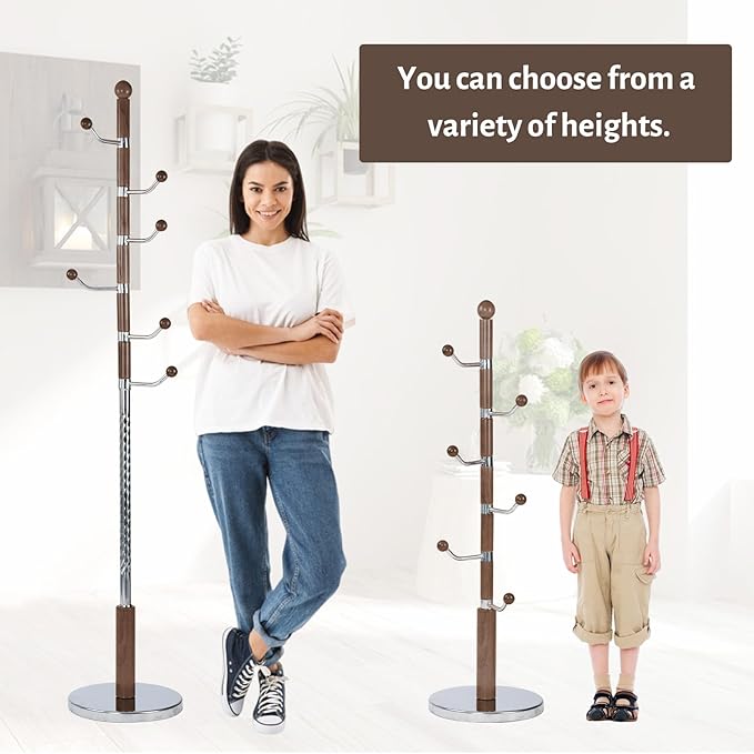 Coat Rack Freestanding, Metal Wooden Coat Tree with 6 Hooks, Heavy Duty Coat Hanger Stand with Resin and Stainless Steel Base, Free Standing Hall Tree for Scarf, Bag, Jacket (Walnut metal)