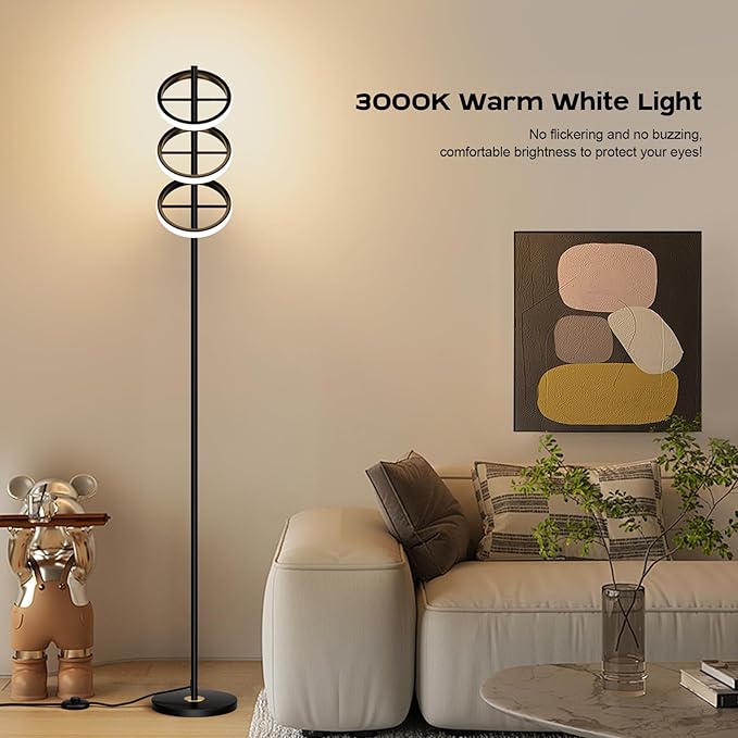 Modern LED Floor Lamp - Adjustable 3 Saturn Rings-Contemporary Tall Standing Lamp for Living Room & Office Bedroom Reading-Black