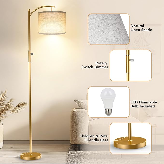 Dimmable Floor Lamp, Arc Floor Lamps for Living Room, Stepless Dimming Modern Standing Lamp with Linen Shade, Tall Lamp for Bedroom Office Dining Room- Gold