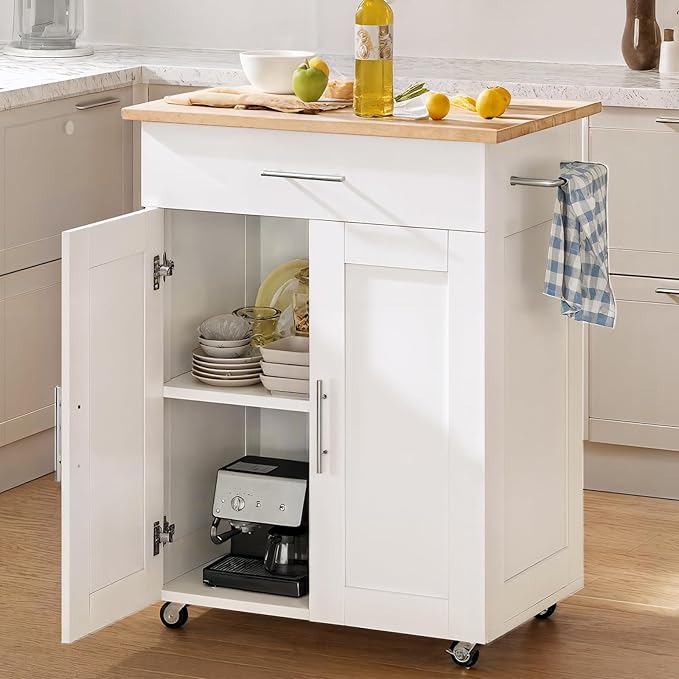 Kitchen Island with Storage - Mobile Rolling Kitchen Island Cart with Wheels, Large Drawer, Adjustable Shelf & Towel Rack, Space-Saving White Kitchen Organizer for Dining Room & Small Spaces
