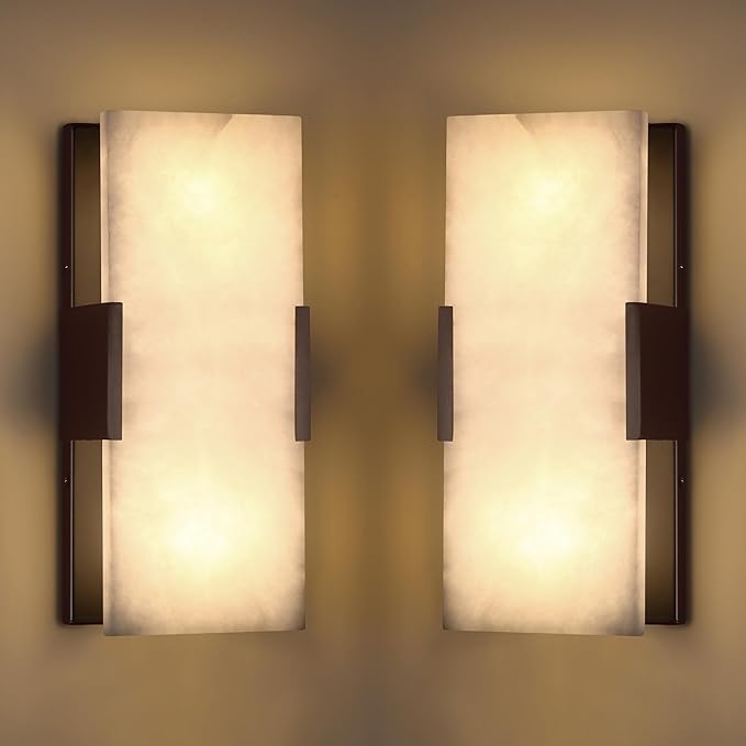Doraimi Lighting 2 Pack 2 Light 12" Natural Square Alabaster Marble Bathroom Wall Sconce Modern Concise Style Wall Light Fixture,Oil Rubbed Bronze Finish for Bedroom Hallway Bedside Living Room
