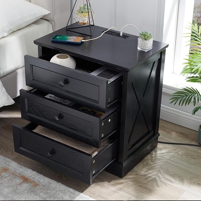 Farmhouse 3 Drawers Dresser for Bedroom, Rustic Small Chest of Drawers with Charging Station, Wood Closet Organizers, Black Modern Tall Nightstand/End Table for Bedroom, Living Room, Entryway