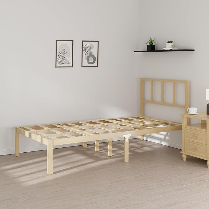 14 Inch Bamboo Bed Frame – Solid Wood Platform Bed Frame, Strong and Stable, with Non-Slip Slats for Support, No Box Spring Needed, Easy to Assemble, Noise-Free (Natural with Headboard, Twin)