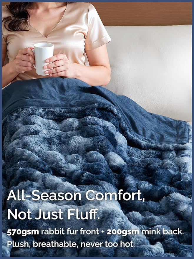 Fluffy Throw Blanket Queen Size - Faux Fur Throw for Couch or Bed - Plush Soft Extra Thick Faux Fur Rabbit Blanket - Comfy, Warm & Breathable - Luxury Minky Tie Dye Bedding - 90" x 90", Marble Blue