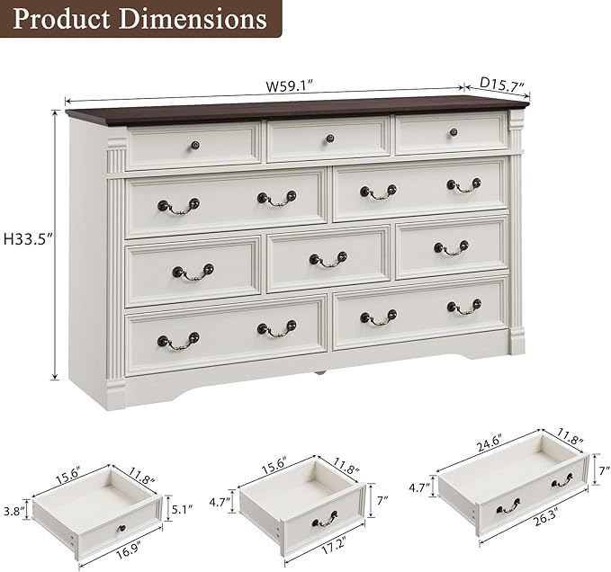 Yaamizz Farmhouse Dresser for Bedroom, 60" Wide 10 Drawer Dresser Storage with Wood Pilasters & Metal Handles, Vintage Design, Drawer Organizer for Bedroom, Hallway, White
