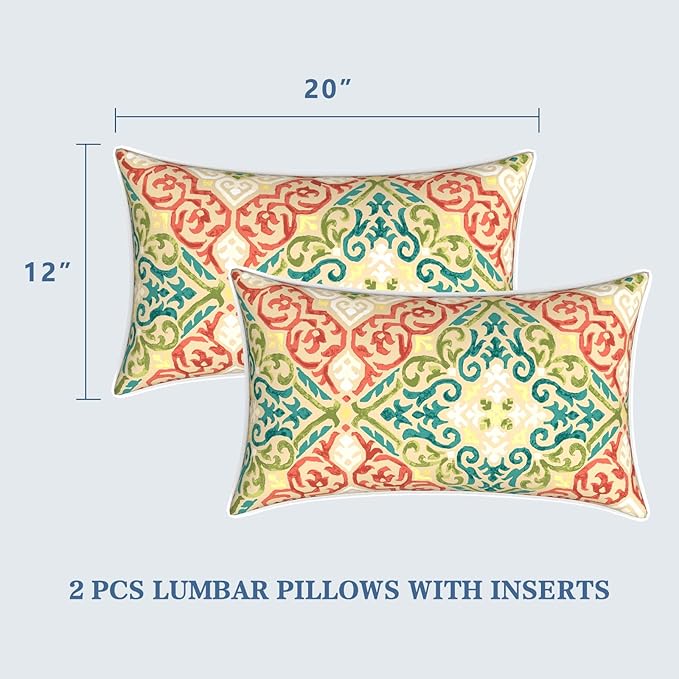 LVTXIII Set of 2 Outdoor Lumbar Pillows for Patio Furniture with White Piping, 12"x20" Fade Resistant Patio Lumbar Pillows with Inserts for Home Coach Sofa Use, Geometric Orange