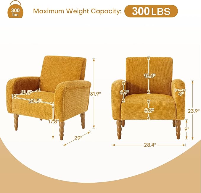 Chenille Fabric Accent Chairs Set of 2, Upholstered Armchair with Solid Wood Legs, Modern Living Room Accent Chair, Comfy Single Sofa Reading Club Chair for Bedroom Reception Lounge, Yellow