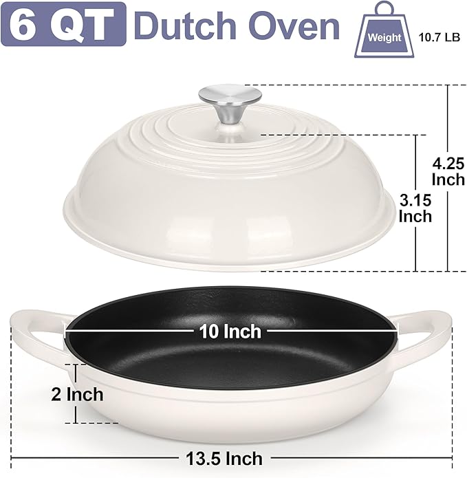 TeamFar Cast Iron Bread Dutch Oven, 6 Qt Enameled Dutch Oven Pot for Sourdough Bread Baking, with Tall Dome Lid & Round Base Pan, Self-Basting & Even-Heating, Heavy-Duty & Non-stick, White