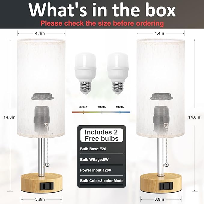 Wood Grain Bedside Table Lamps Set of 2-3 Color Temperatures Pull Chain Lamp with AC Outlet Charging Port, Round Night Stand Lamps for Bedroom Office, Small Bed Light with E26 LED Bulbs